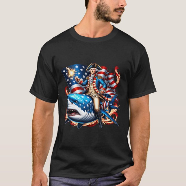 Washington Riding Shark Funny July 4th American Fl T-Shirt (Front)
