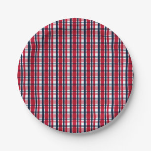 Washington Sports Fan Red White Blue Plaid Paper Plate
