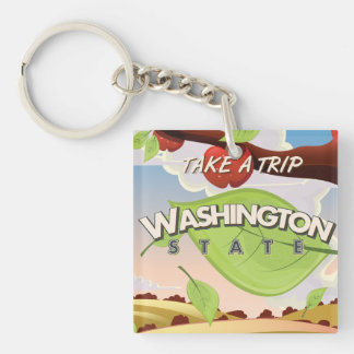 Washington State Apple tree Travel Poster Cartoon. Key Ring