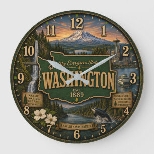 Washington State Evergreen Pacific Northwest Gift Large Clock