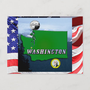 Washington State Map Faux Quarter, Seal, Mountains Postcard