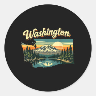 Washington State Sunset Mountain Forest Lake Scene Classic Round Sticker