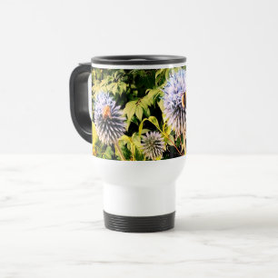 Wasp and bee , on blue flowers travel mug