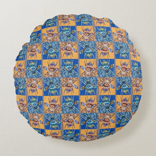 Wasp Patchwork Style Textile Pattern Round Cushion (Front)