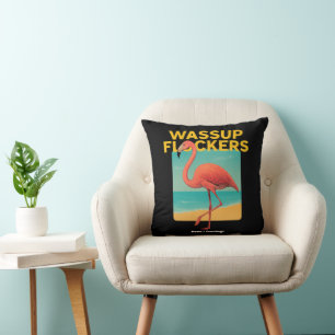 Wassup Flockers Funny Flamingo Retro Beach Quote  Cushion