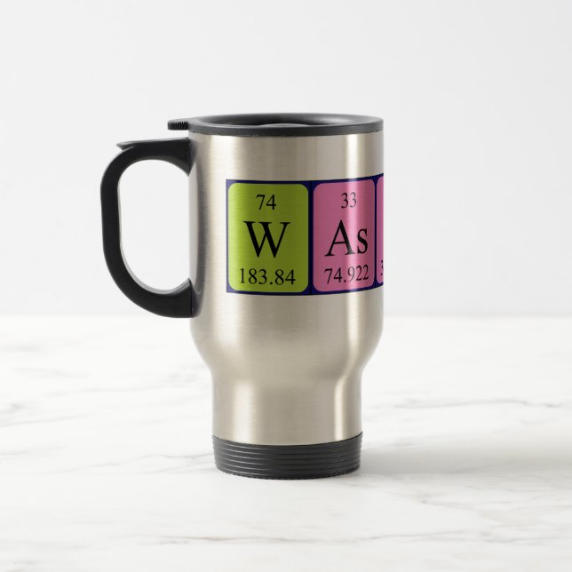 Wassup periodic table word travel mug (Left)