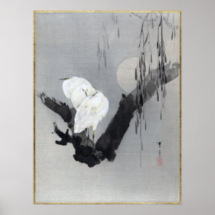 Watanabe Seitei Egrets in a Tree at Night Poster