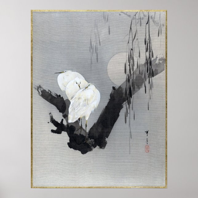 Watanabe Seitei Egrets in a Tree at Night Poster (Front)