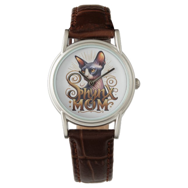Watch Brown Leather Strap | Sphynx Cat Mum  (Front)