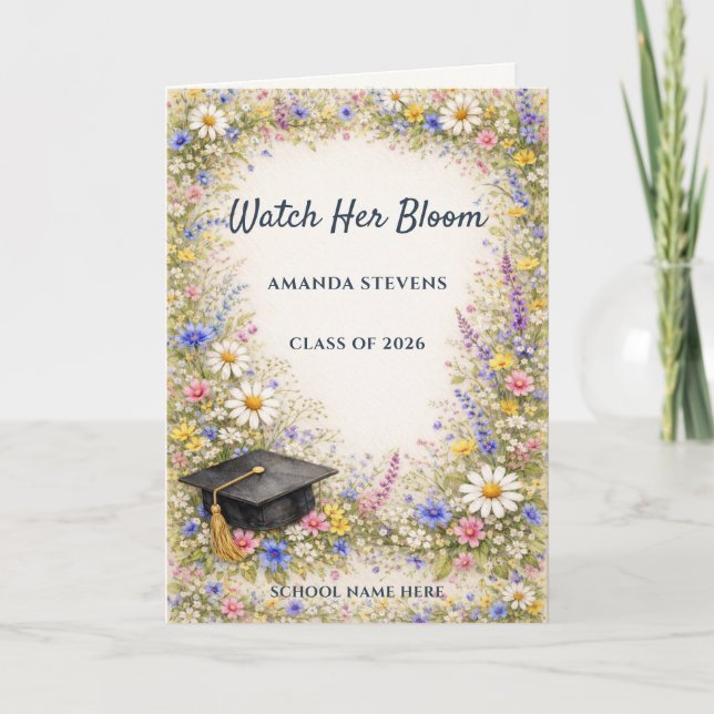 Watch Her Bloom | Botanical School Graduation Card (Front)