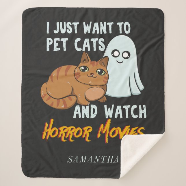 Watch Horror Movies and Pet Cats Halloween Custom Sherpa Blanket (Front)