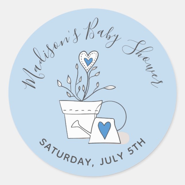 Watch me Grow Blue Potted Plant Baby Shower Classic Round Sticker (Front)