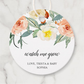 Watch Me Grow Peach Floral Girl Baby Shower Favour Tags