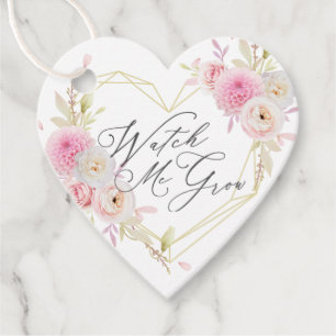 Watch Me Grow   Pink Floral Heart Baby Shower Favour Tags