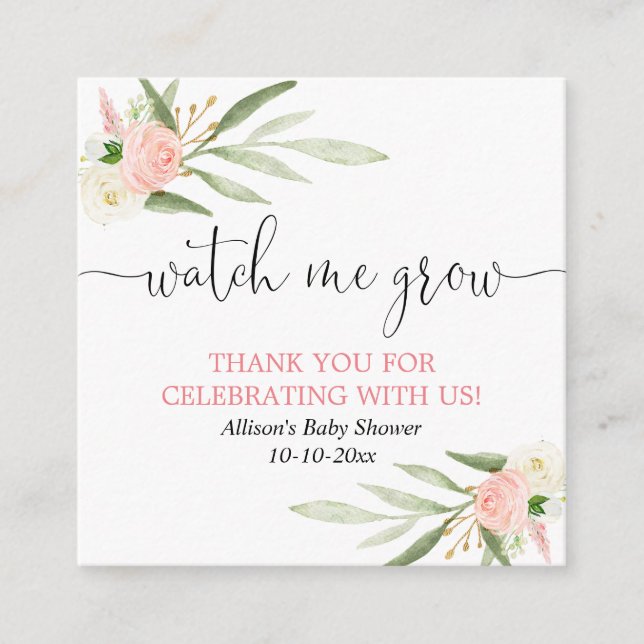 Watch me grow pink gold greenery favour cards (Front)
