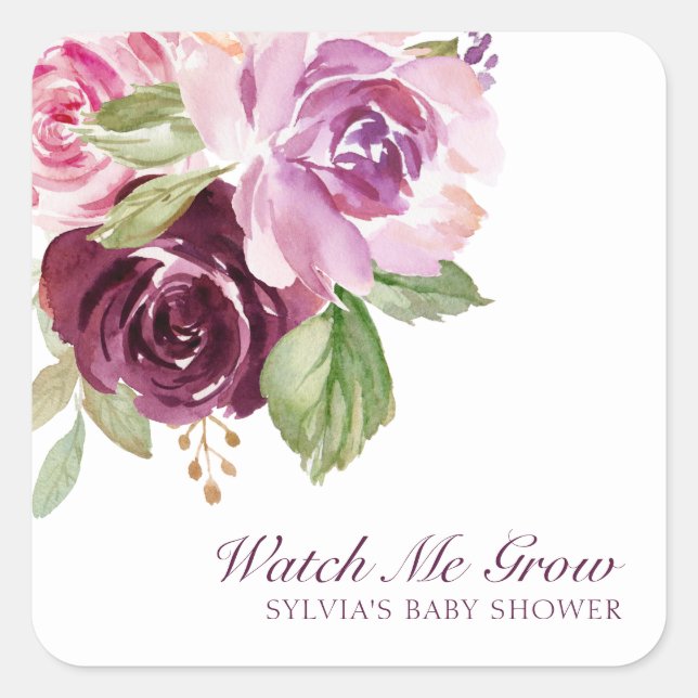 Watch Me Grow Plum Floral Girl Baby Shower Favour Square Sticker (Front)