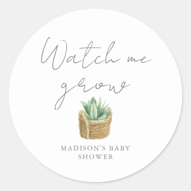 Watch Me Grow Simple Succulent Baby Shower Classic Round Sticker (Front)