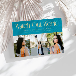 Watch Out World Multi Photo Aqua Blue Graduation Announcement