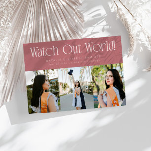 Watch Out World Multi Photo Pink Graduation Announcement