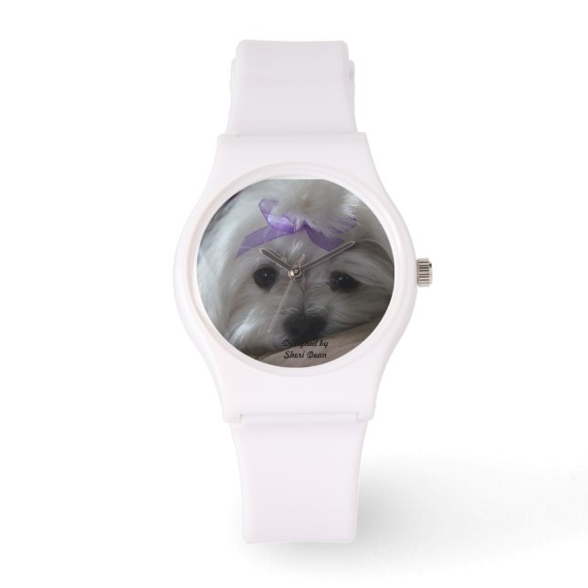 Watch with "Maltese" print on face/black strap (Front)