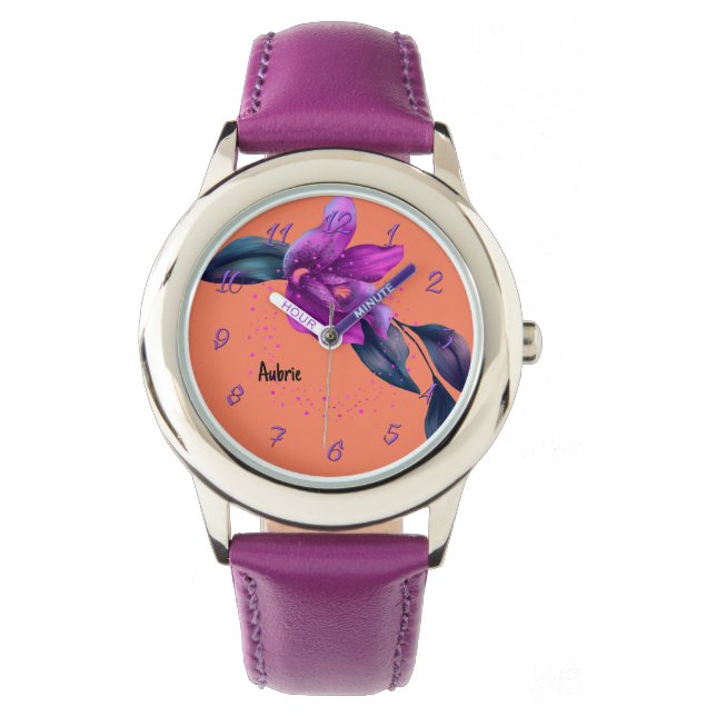 Watch with Purple Orchid on Orange (Front)
