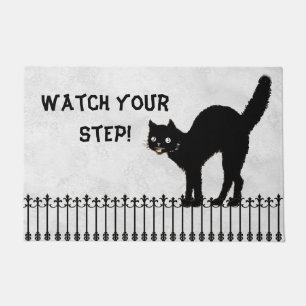 "Watch your step" Halloween Black Cat Silhouette Doormat