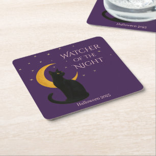 Watcher of the Night – Halloween Black Cat   Square Paper Coaster