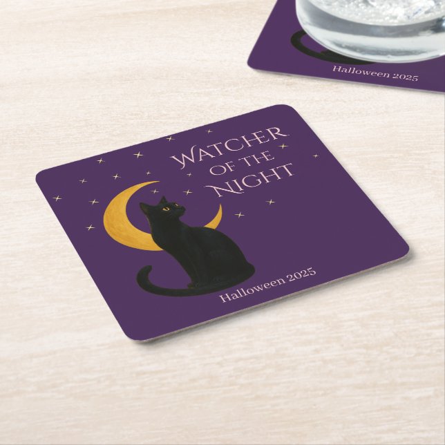 Watcher of the Night – Halloween Black Cat   Square Paper Coaster (Angled)