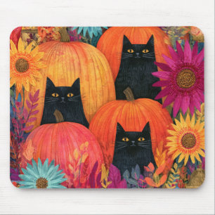 Watchful Black Cat Autumn Pumpkin Patch Mouse Mat