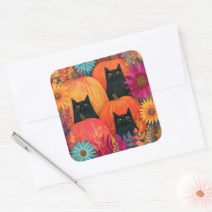 Watchful Black Cat Autumn Pumpkin Patch Square Sticker