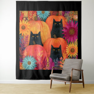 Watchful Black Cat Autumn Pumpkin Patch Tapestry