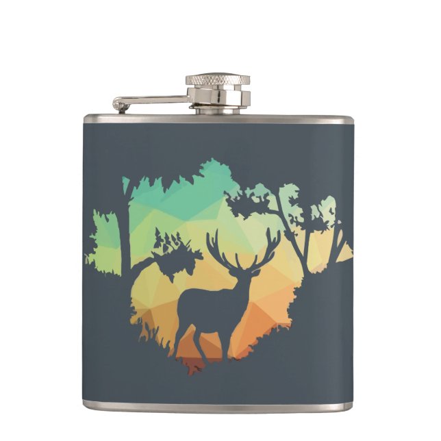 Watching Deer Silhouette in Peaceful Forest Hip Flask (Front)
