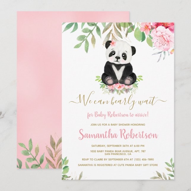 Watecolor Blush Pink Bear Girl Baby Shower Floral Invitation (Front/Back)