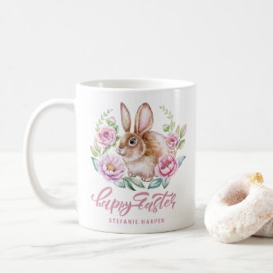 Watecolor Bunny and Pink Flowers Happy Easter Coffee Mug