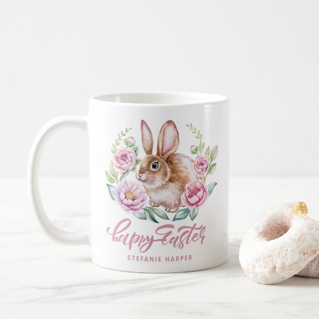 Watecolor Bunny and Pink Flowers Happy Easter Coffee Mug (With Donut)