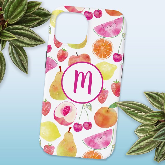 Watecolor Fruit Monogram Case-Mate iPhone Case (Watercolor fruit fun monogram tropical cell phone case)