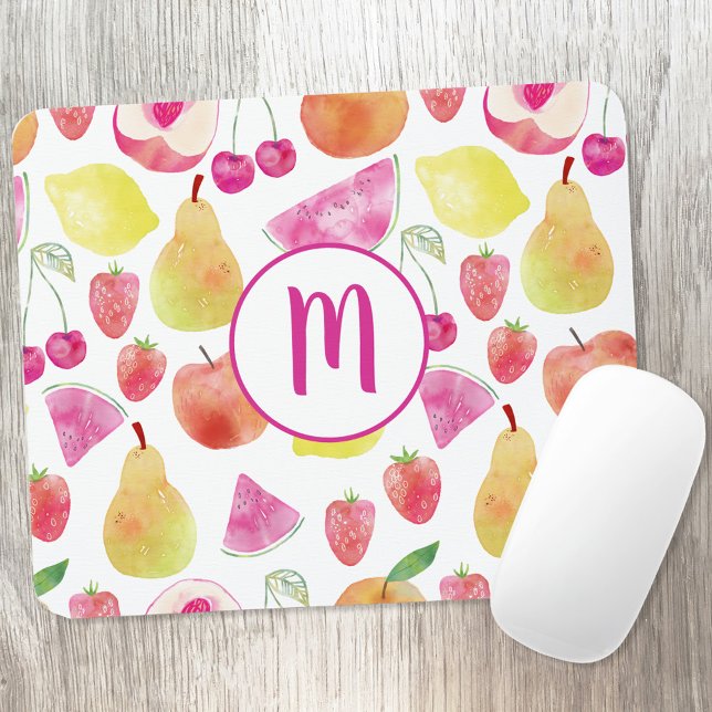 Watecolor Fruit Monogram Mouse Mat (Watercolor fruit monogram initial art mousemat)