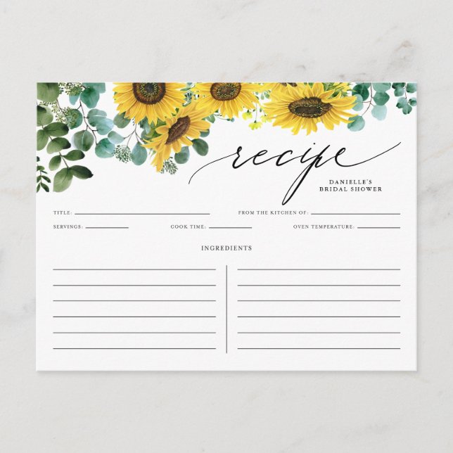 Watecolor Sunflowers and Eucalyptus Recipe Card (Front)