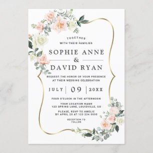 Wateercolor Blush White Flowers Gold Wedding Invitation