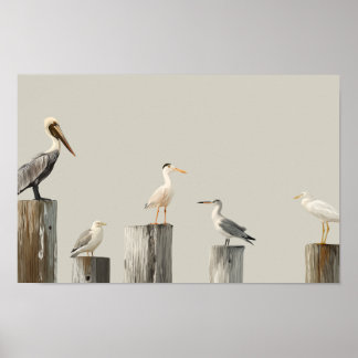 Water and wading birds on pilings poster