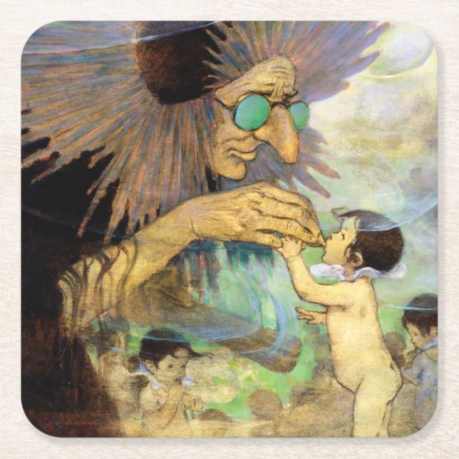Water Baby and Fairy, Jessie Willcox Smith Square Paper Coaster (Front)