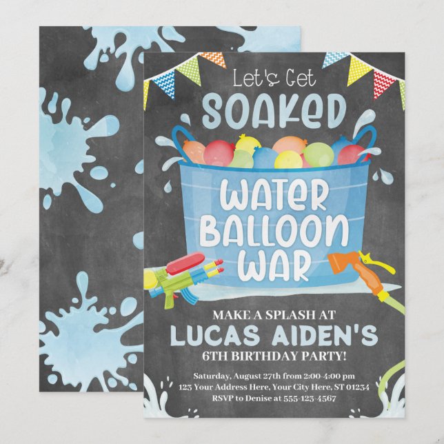Water Balloon Birthday Invitation, Balloon War Invitation (Front/Back)