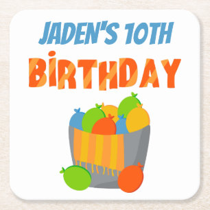 Water Balloon Pool Party Kids Summer Birthday Square Paper Coaster