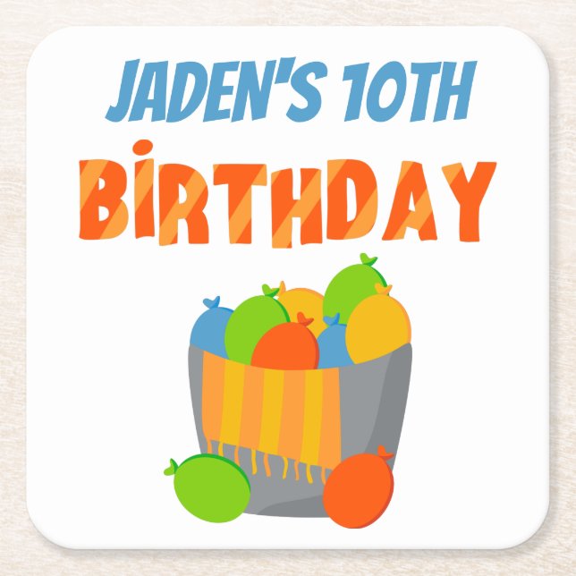 Water Balloon Pool Party Kids Summer Birthday Square Paper Coaster (Front)