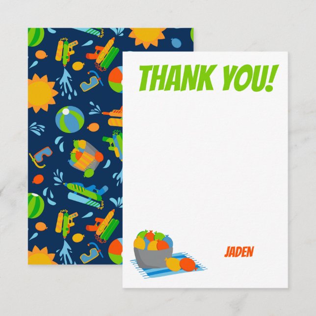 Water Balloon Pool Party Kids Summer Birthday Thank You Card (Front/Back)