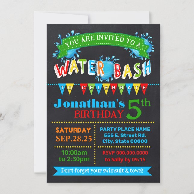 Water Bash Birthday Summer Party Primary Colours Invitation (Front)