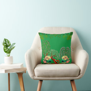 Water Birds Flamingo Couple Tree of Life Greenery Cushion