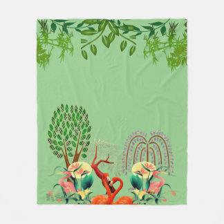 Water Birds Flamingo Couple Tree of Life Greenery  Fleece Blanket