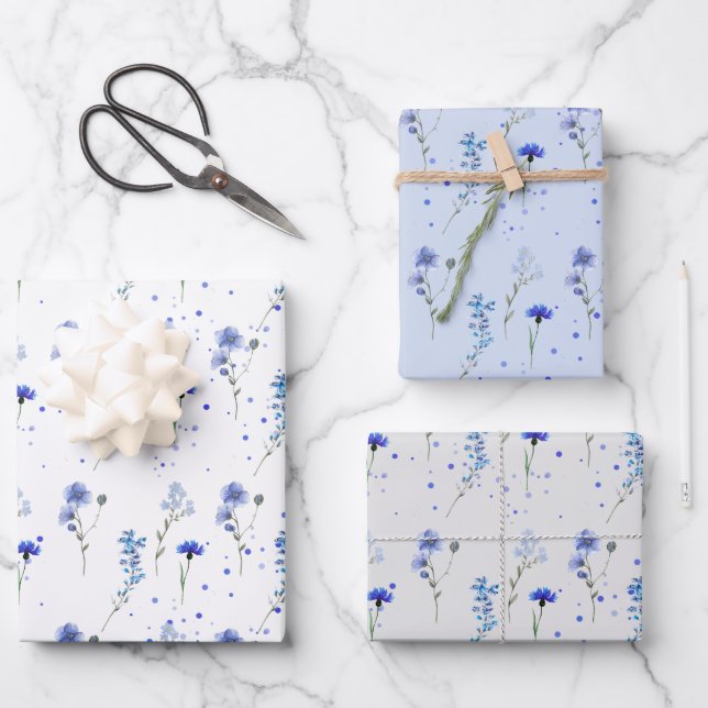 Water Blue Wildflower Wedding  Wrapping Paper Sheet (Front)