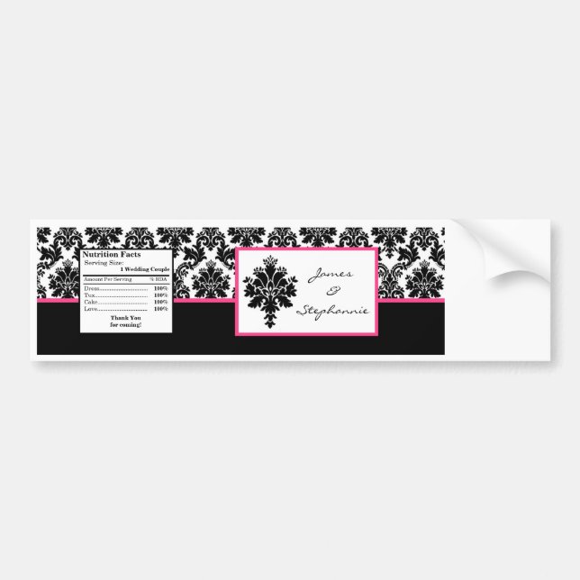 Water Bottle Label Black Hot Pink Damask Lace Prin (Front)